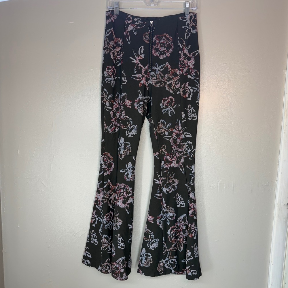 Free People Floral Flare Bell Bottom Pants O-Ring Zip Green Red Blue Size 8